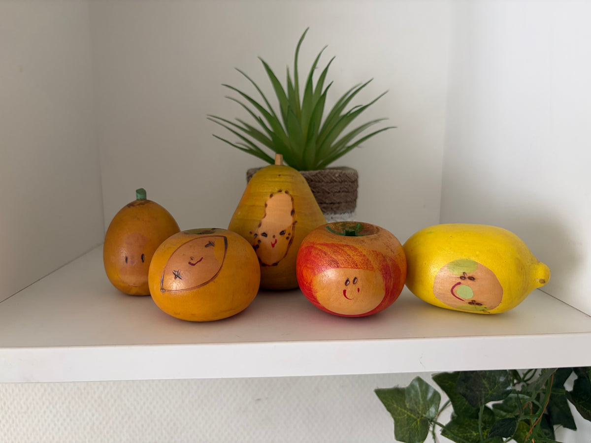 Rare vintage set of mixed fruits kokeshi by Hiroe Fukushima