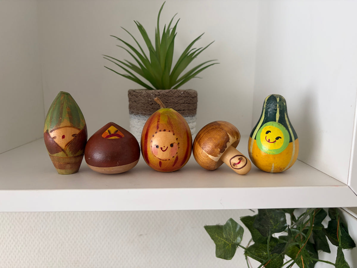 Rare vintage set of mixed vegetables kokeshi by Hiroe Fukushima