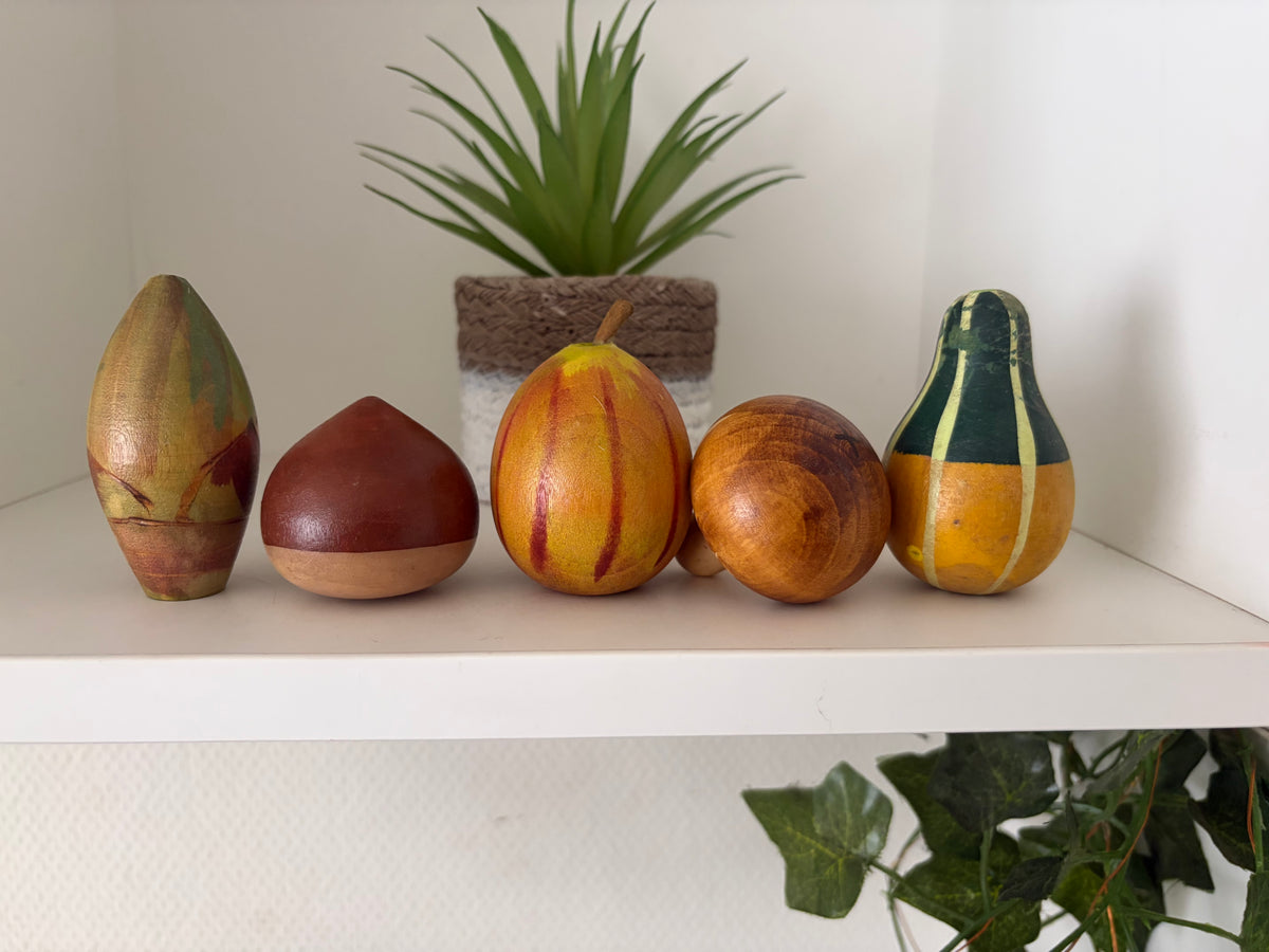 Rare vintage set of mixed vegetables kokeshi by Hiroe Fukushima