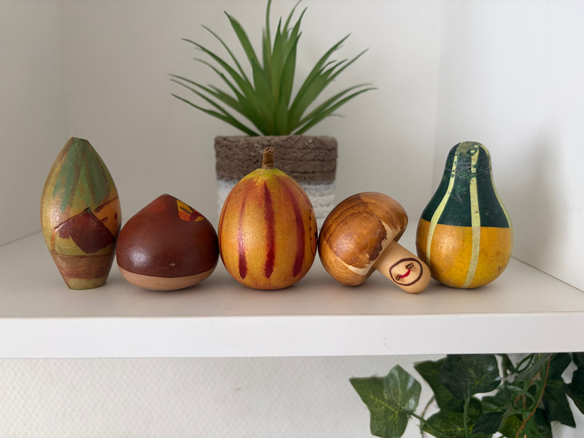 Rare vintage set of mixed vegetables kokeshi by Hiroe Fukushima
