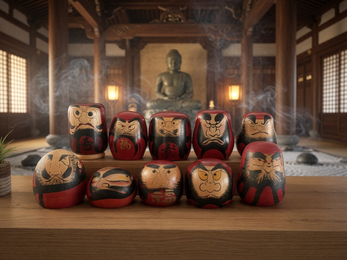 Complete first edition collection of 10 Daruma kokeshi by the Sony Family Club