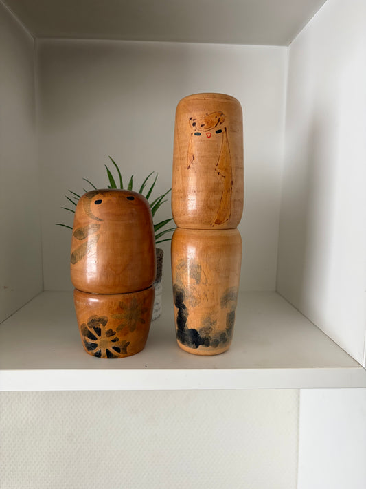 Rare Vintage set off two Creative Kokeshi by renowned artisan Ikuyoshi Yokozuka