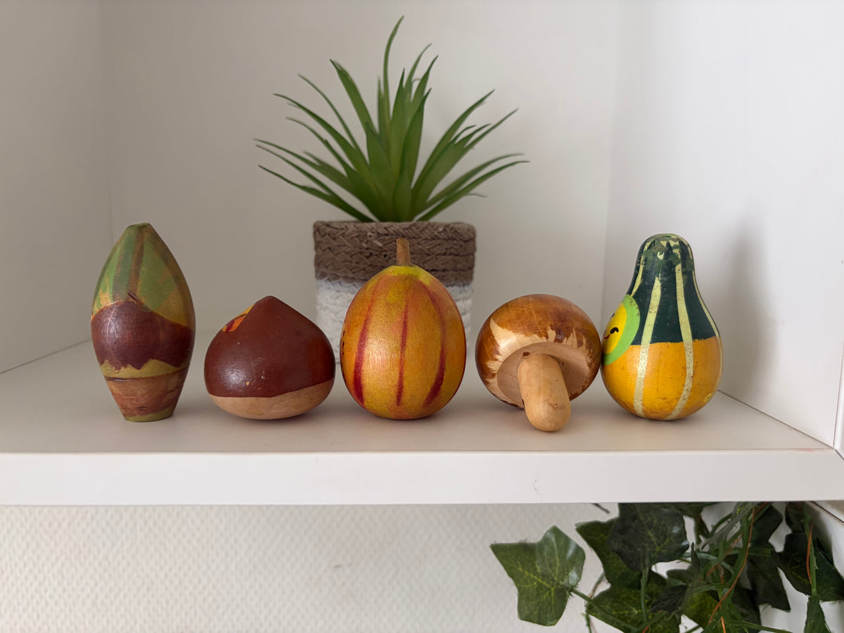 Rare vintage set of mixed vegetables kokeshi by Hiroe Fukushima