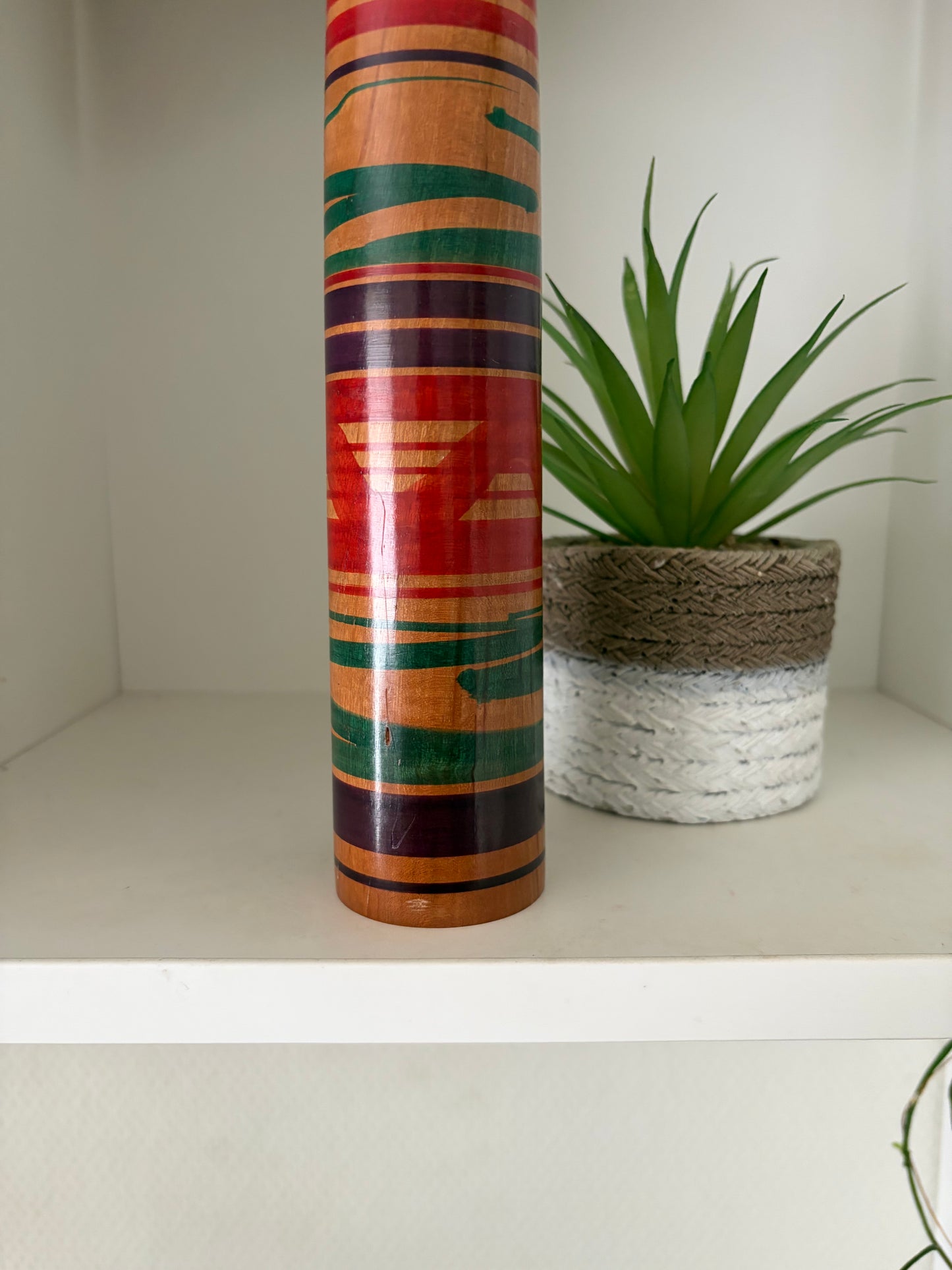Vintage traditional Tsuchiyu kokeshi with striped design