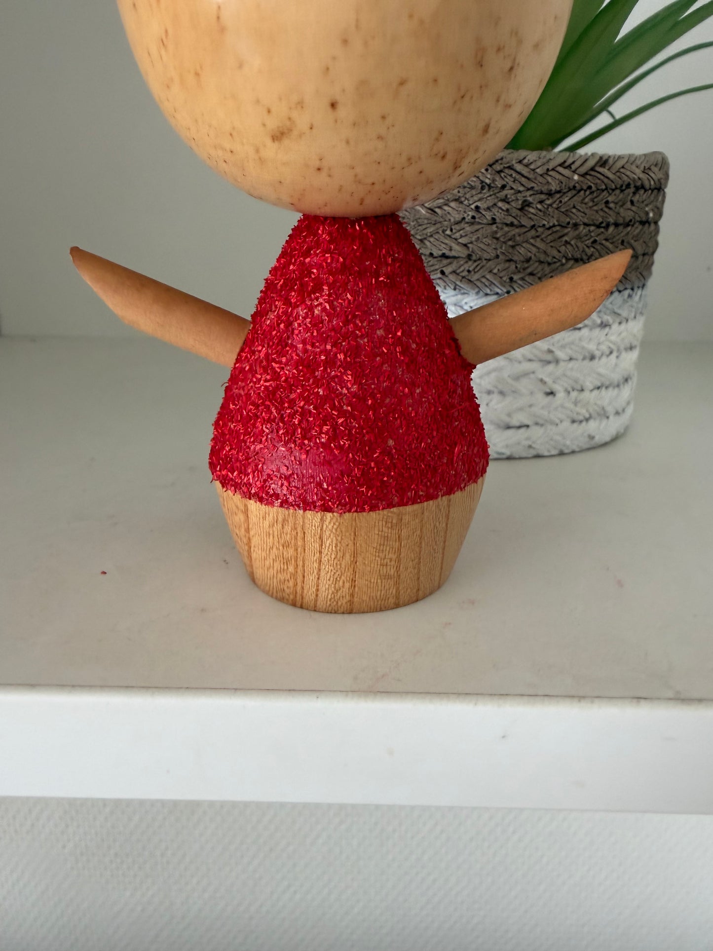 Cute sosaku kokeshi with red glitter jacket