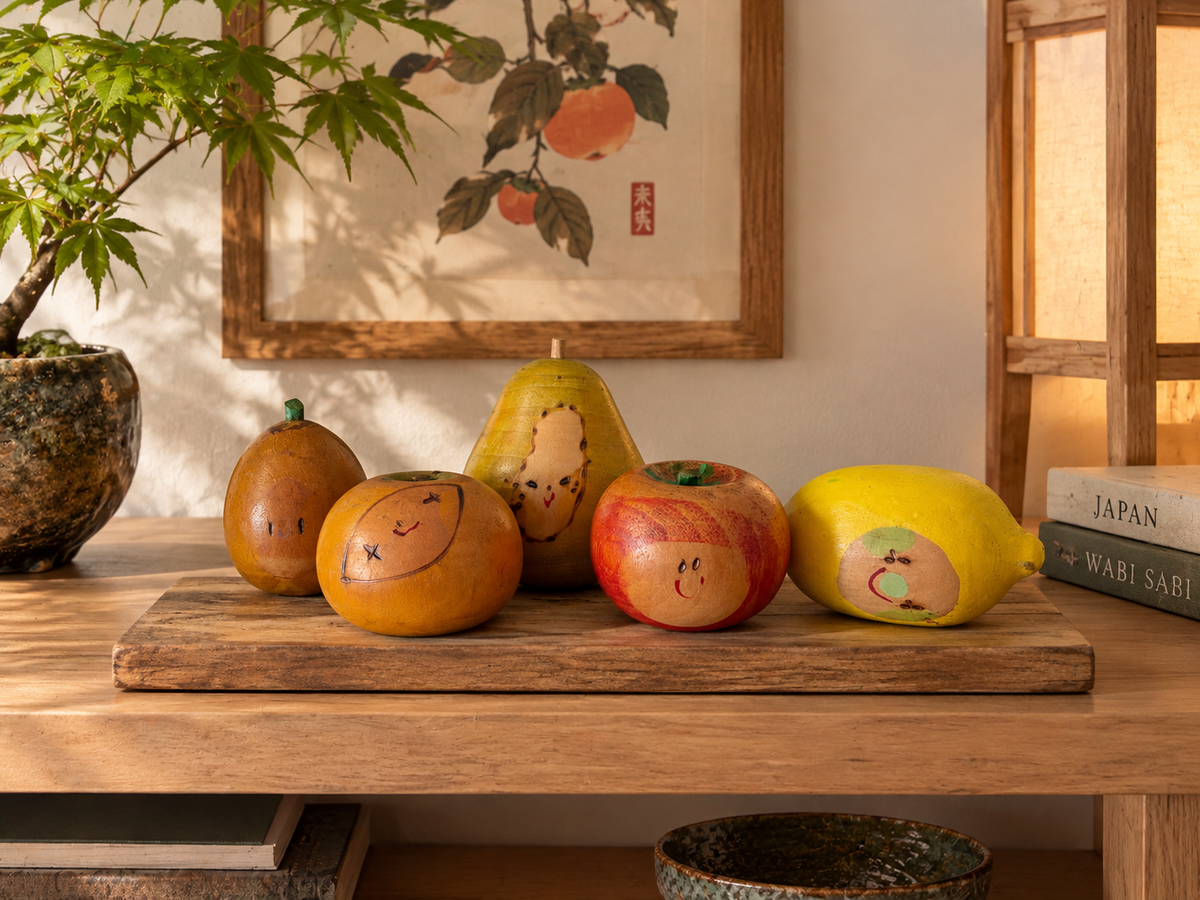 Rare vintage set of mixed fruits kokeshi by Hiroe Fukushima