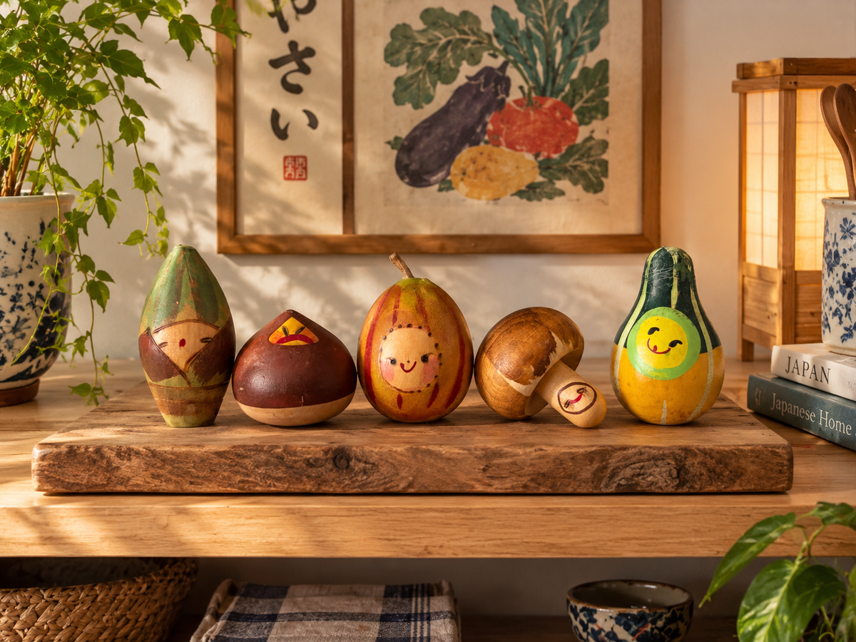 Rare vintage set of mixed vegetables kokeshi by Hiroe Fukushima