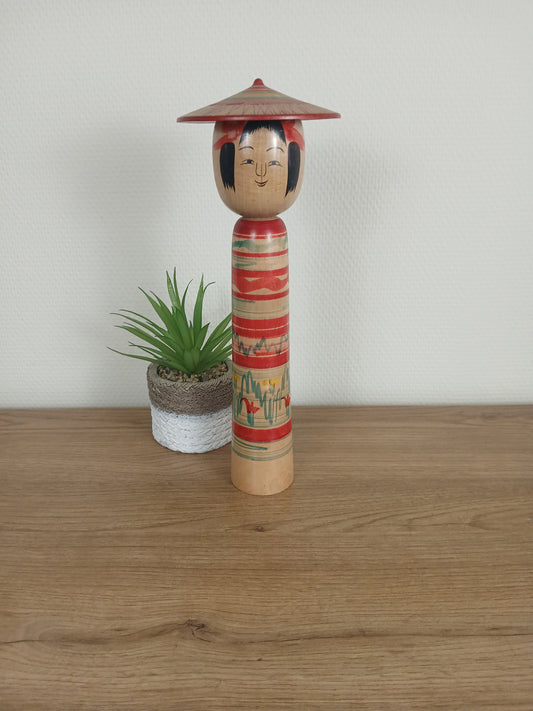 Vintage big Tsuchiyu Kokeshi by Jinnohara Kazunori with hat