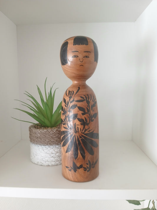 Vintage black monochrome Kijiyama Kokeshi by Ogura Kyutaro (1906 -1998)