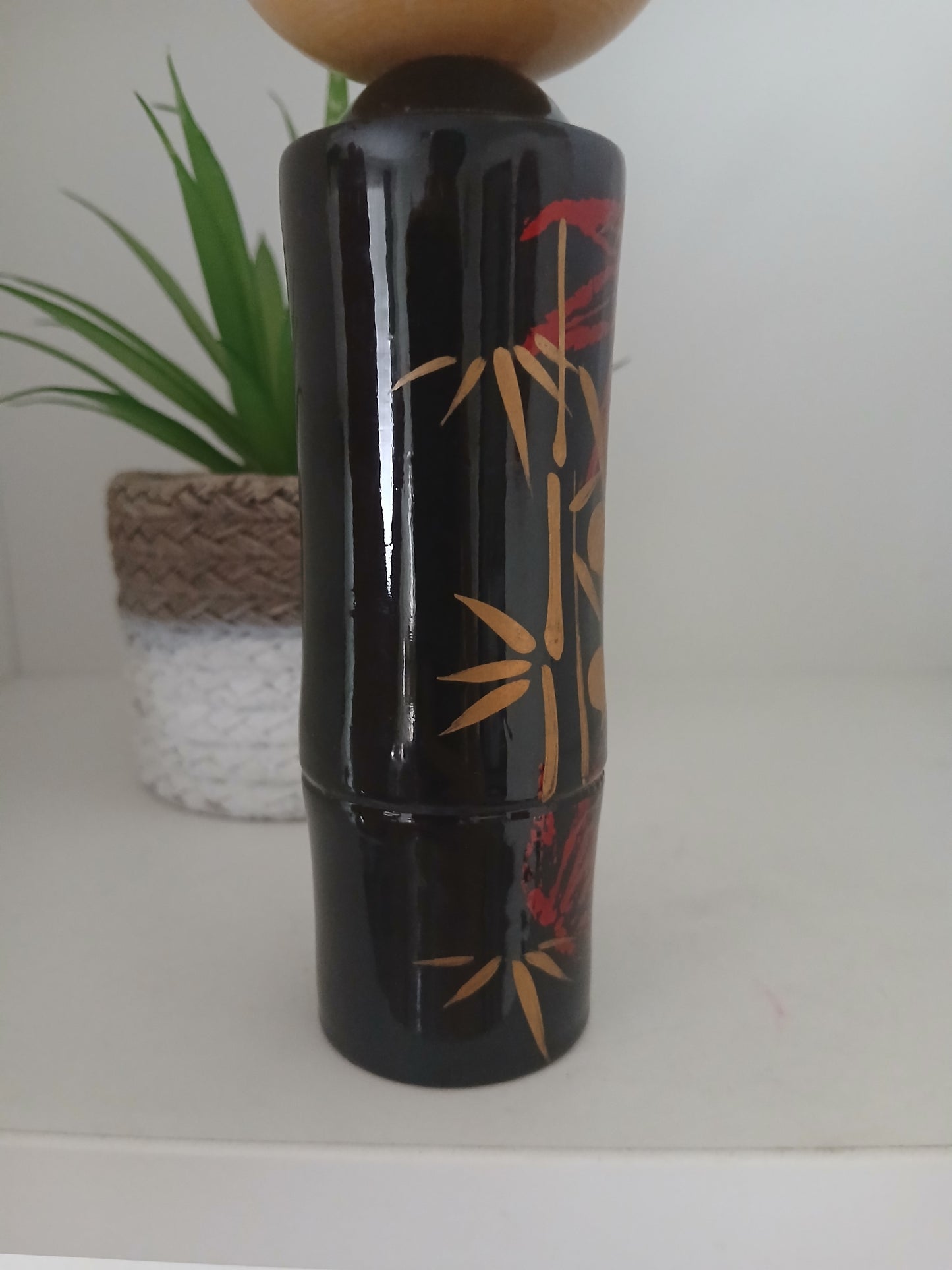 Lovely vintage black lacquer kokeshi by Takahashi Tatsuro